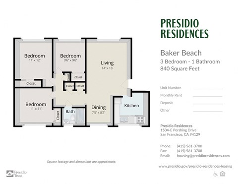 A floor plan for a Presidio Residences apartment in Baker Beach, showing three bedrooms and one bathroom.